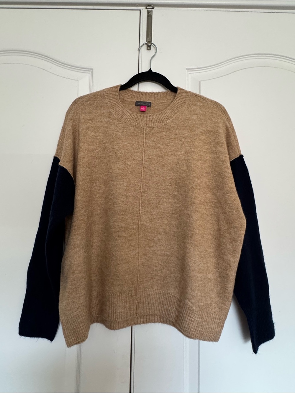 Vince Camuto Two-Tone Crewneck Sweater in Camel and Black